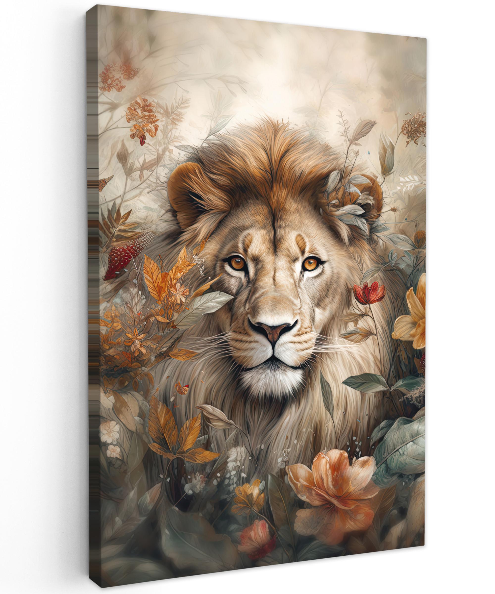LEINWANDBILD Löwe - Wildtiere - Pflanzen - Natur - Blumen Deko XXL 80x120 cm - Beige, Textil (80/120cm) - MuchoWow
