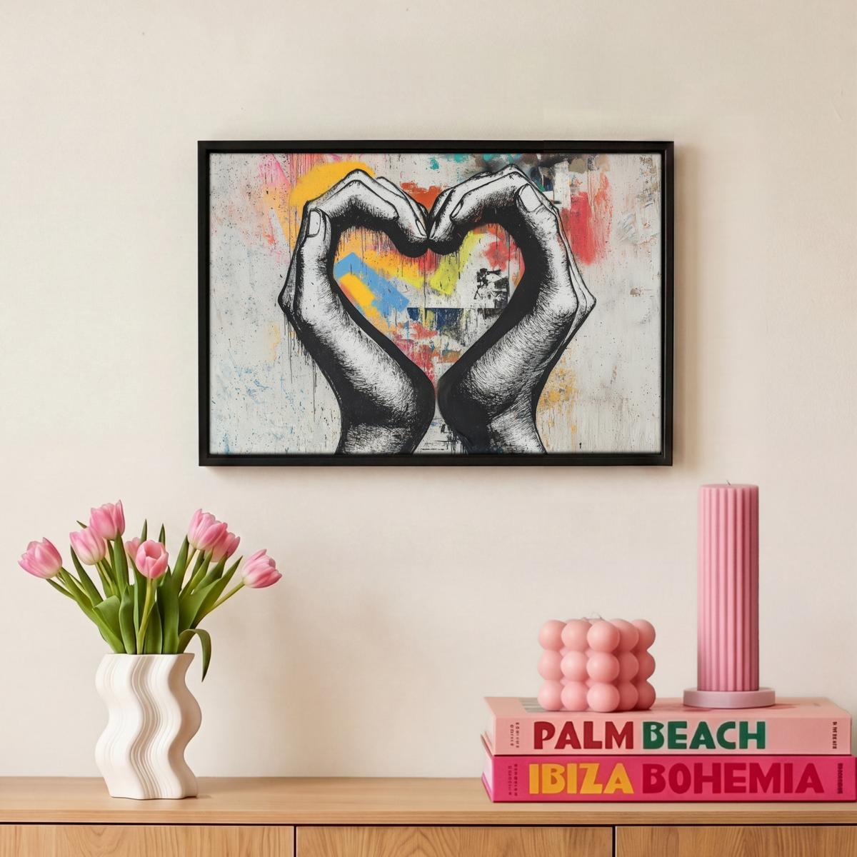 LEINWAND Bilder mit Rahmen - Hände - Herz - Straßenkunst - Graffiti - 30x20 - Multicolor, Textil (30/20cm) - MuchoWow