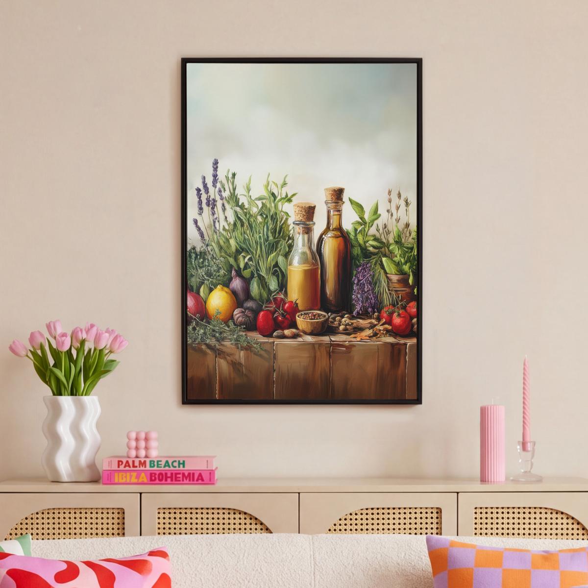 LEINWAND Bilder mit Rahmen - Stilleben - Kräuter - Gewürze - Früchte - Farbenfroh - 60x90 - Grün, Textil (60/90cm) - MuchoWow