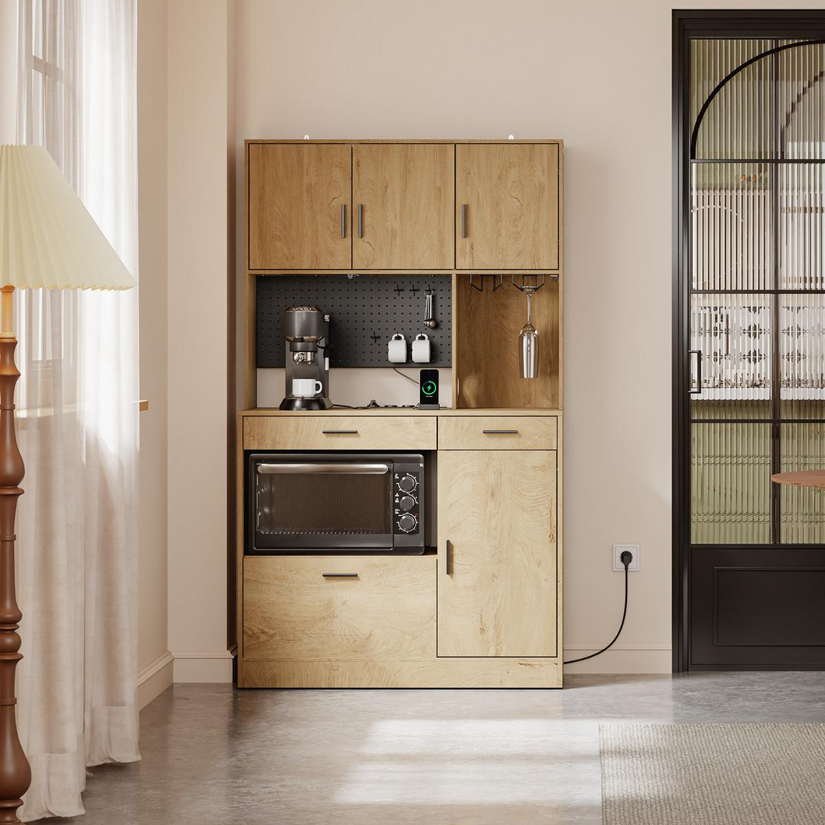KÜCHENHOCHSCHRANK mit Aufbewahrung und Steckdosen FSB98-L-E-N - Naturfarben, Holzwerkstoff (100/170/40cm) - SoBuy
