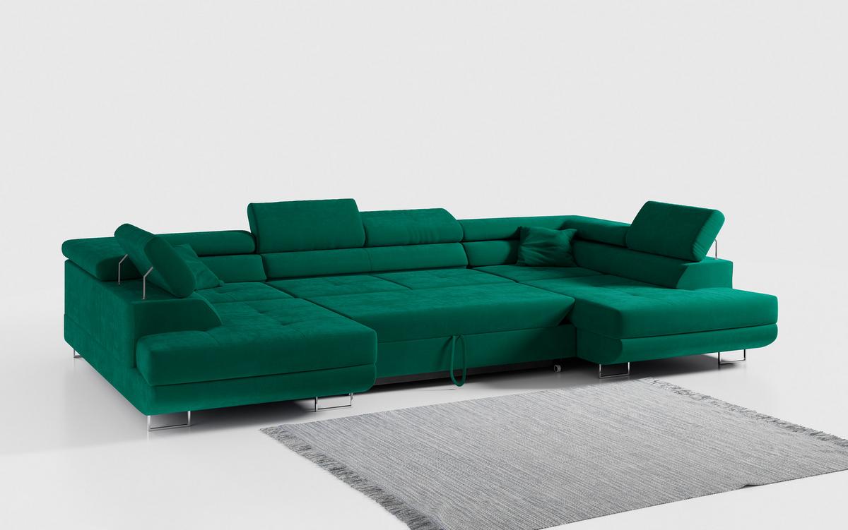 WOHNLANDSCHAFT GUSTAW U Grün Velvet - Silberfarben/Grün, Textil/Metall (340/55/205cm) - MKS