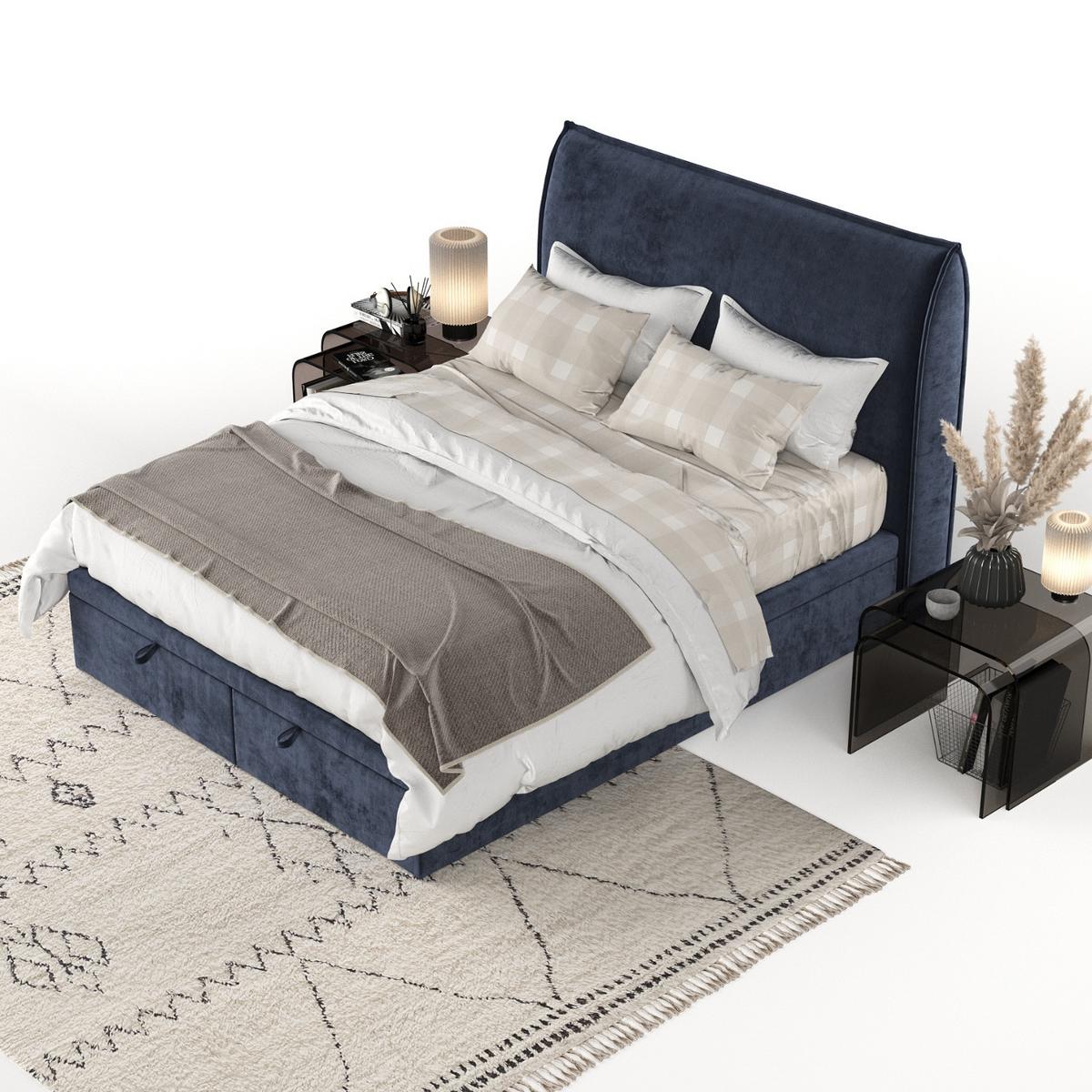 POLSTERBETT Tuvalu mit Stauraum 120/200 cm Marineblau im Lotta Stoff - Schwarz/Dunkelblau, Holz/Holzwerkstoff (120/200cm) - AltaBeds