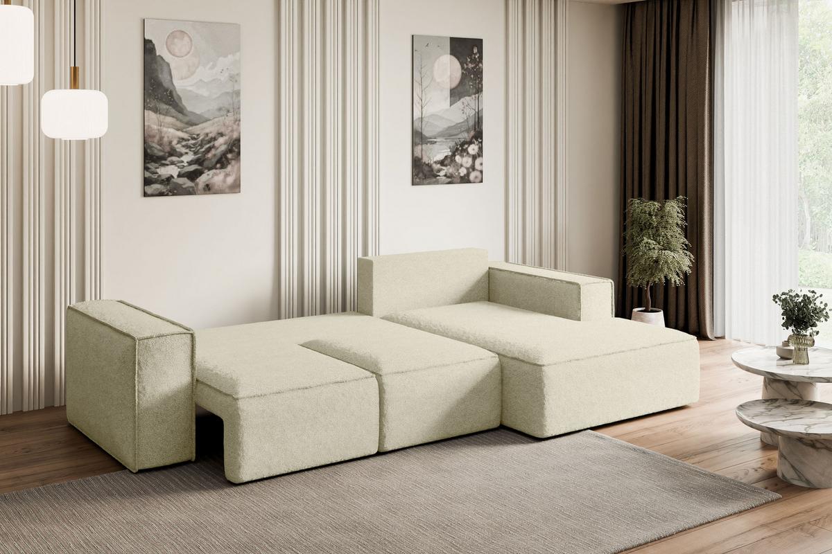ECKSOFA mit Schlaffunktion und Bettkasten SERRA-L-S - 266x161x87 cm Beige Bouclé - Beige/Schwarz, Holzwerkstoff/Kunststoff (266/161cm) - ALTDECOR