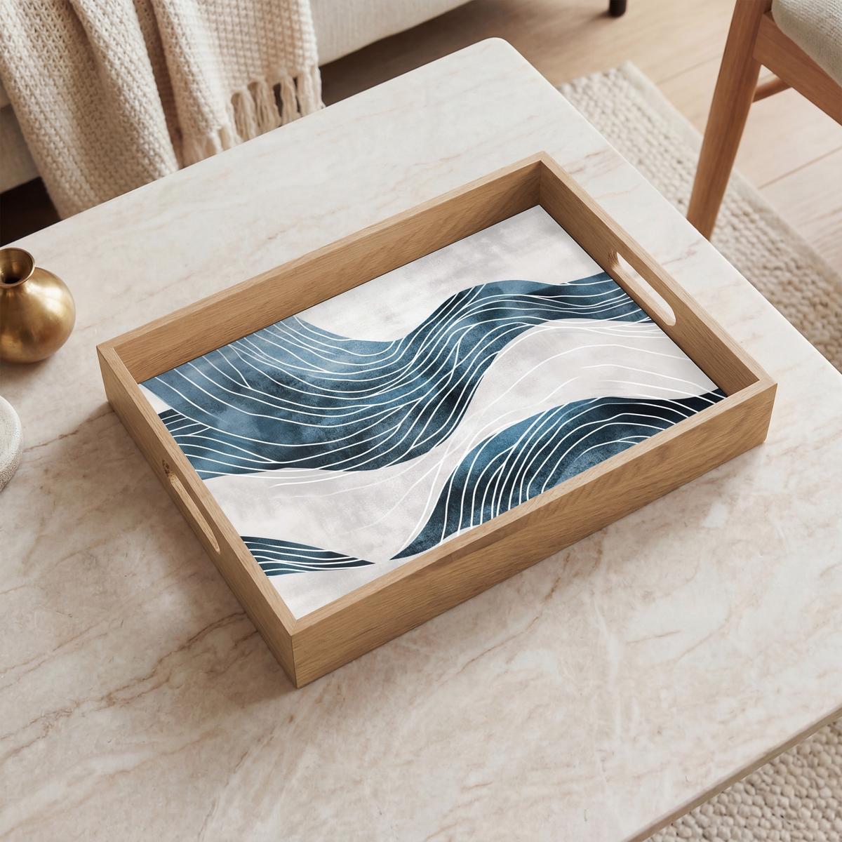 TABLETT Linien - Wellen - Abstrakt - Grau 40x30 cm - Blau, Holz (40/5/5cm) - OnlyWow