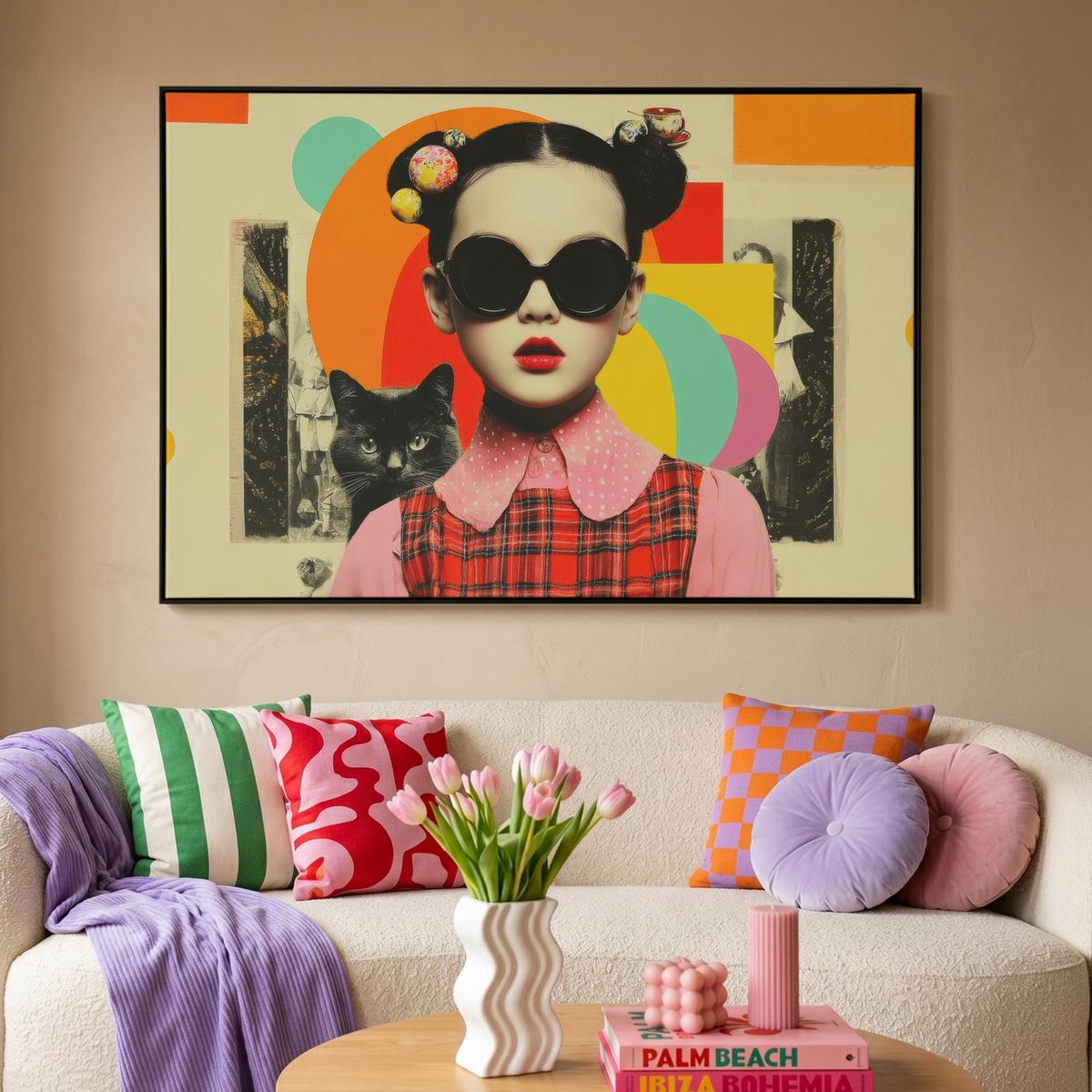 LEINWAND Bilder mit Rahmen - Mädchen - Sonnenbrille - Katze - Retro - 120x80 - Beige, Textil (120/80cm) - MuchoWow