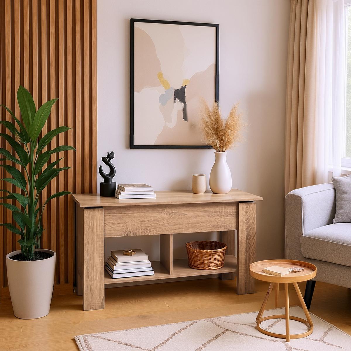 COUCHTISCH mit Lift-Top, Stauraum und Ablagefach, Eiche Optik - Goldfarben/Weiß, Holz (96/50/47cm) - Urban Meuble
