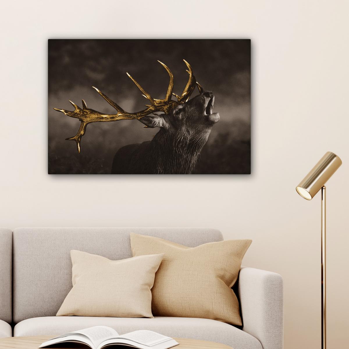 LEINWANDBILD Rotwild - Schwarz - Gold XXL 150x100 cm - Braun, Textil (150/100cm) - MuchoWow