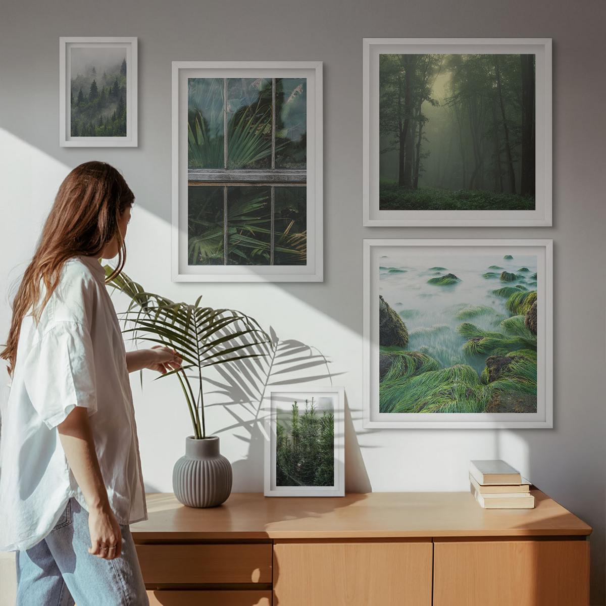 BILDER SET 5er Set - 50x50 cm & 20x30 cm & 40x60 cm Weißer Rahmen - Nahaufnahmen von Blättern sukkulenter Pflanzen - Weiß, Kunststoff (40/60cm) - TULUP