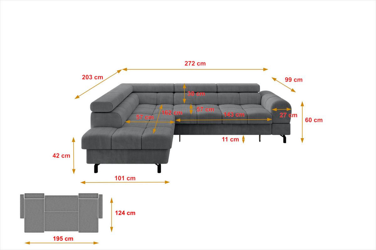 ECKSOFA mit Schlaffunktion Ottomane Links LUMA-L 272x203x70 Dunkelgrau Cord - Graphitfarben/Schwarz, Holzwerkstoff/Kunststoff (272/203cm) - ALTDECOR