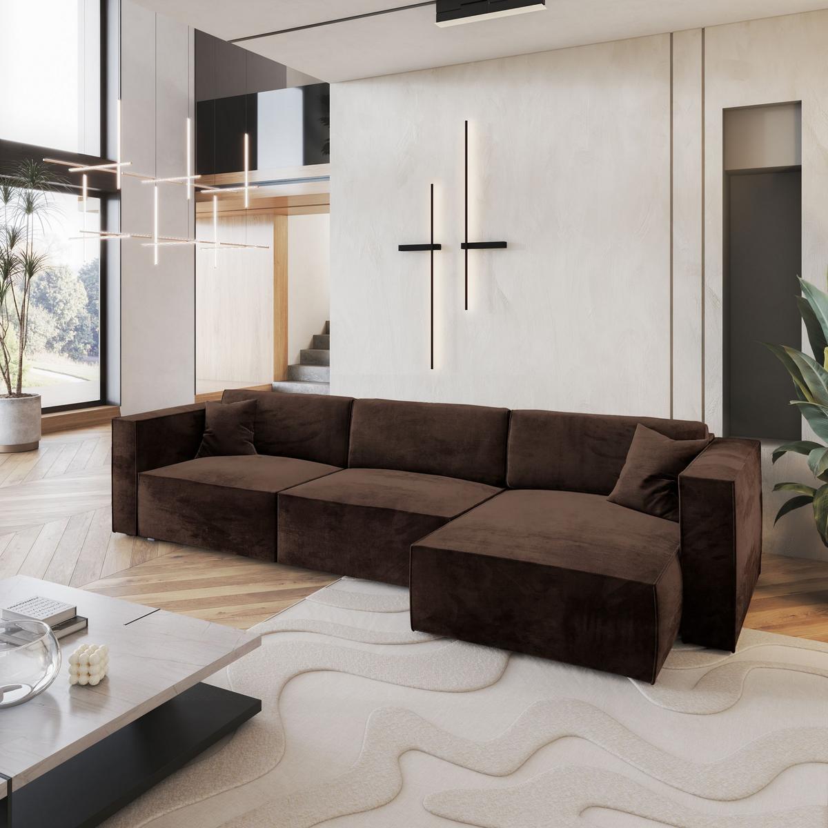 ECKSOFA TOLMO M Braun Velours-Stoff mit Schlaffunktion - Braun/Grau, Holz/Kunststoff (347/148cm) - MASSENO