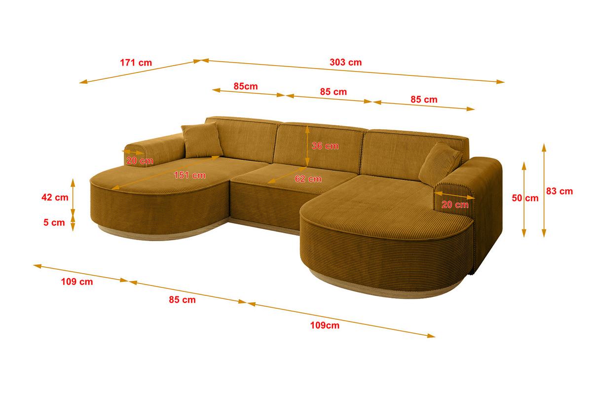 WOHNLANDSCHAFT MARI-U1-v2 - 303x171x83 cm Senfgelb Cord - Gelb, Holzwerkstoff/Textil (303/83/171cm) - ALTDECOR