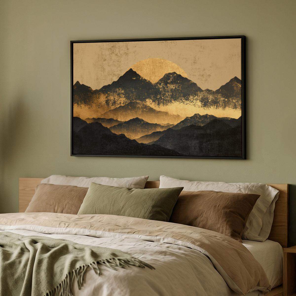 LEINWAND Bilder mit Rahmen - Goldene Berge bei Mondschein - 90x60 - Goldfarben, Textil (90/60cm) - MuchoWow