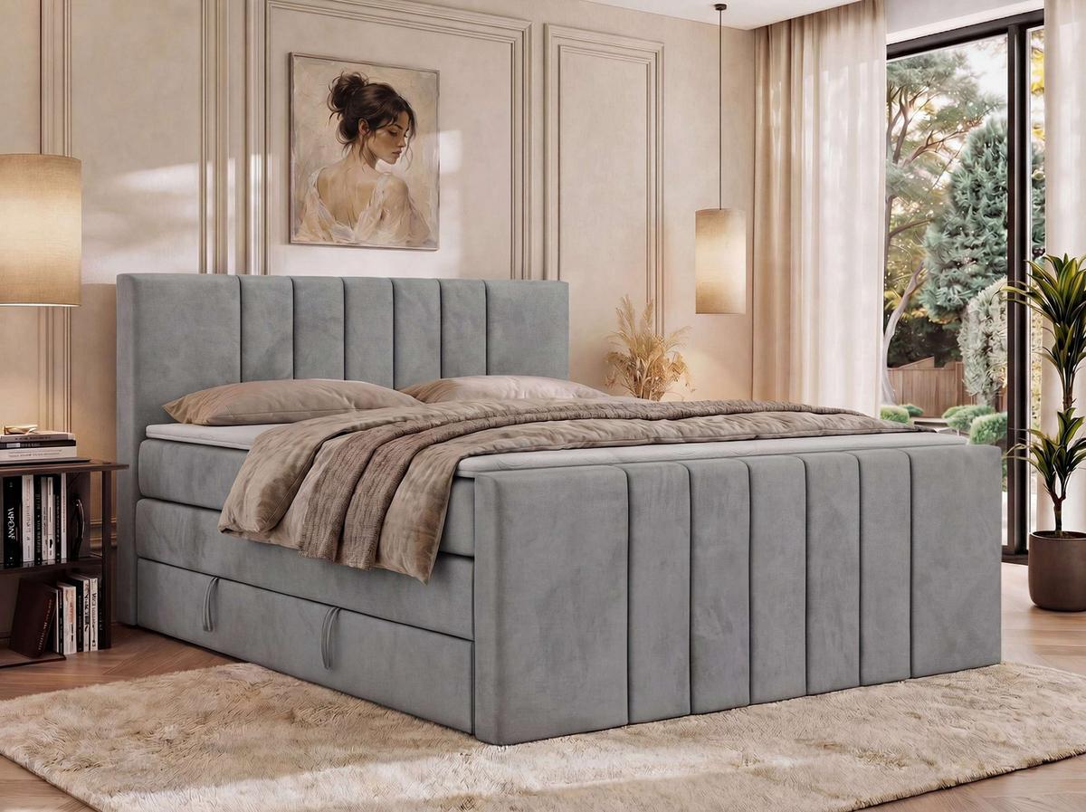 BOXSPRINGBETT INERO DUO KING 200/200 - Hellgrau Velvet - Topper Visco - H4 - Hellgrau/Schwarz, Kunststoff/Textil (200/200cm) - MKS