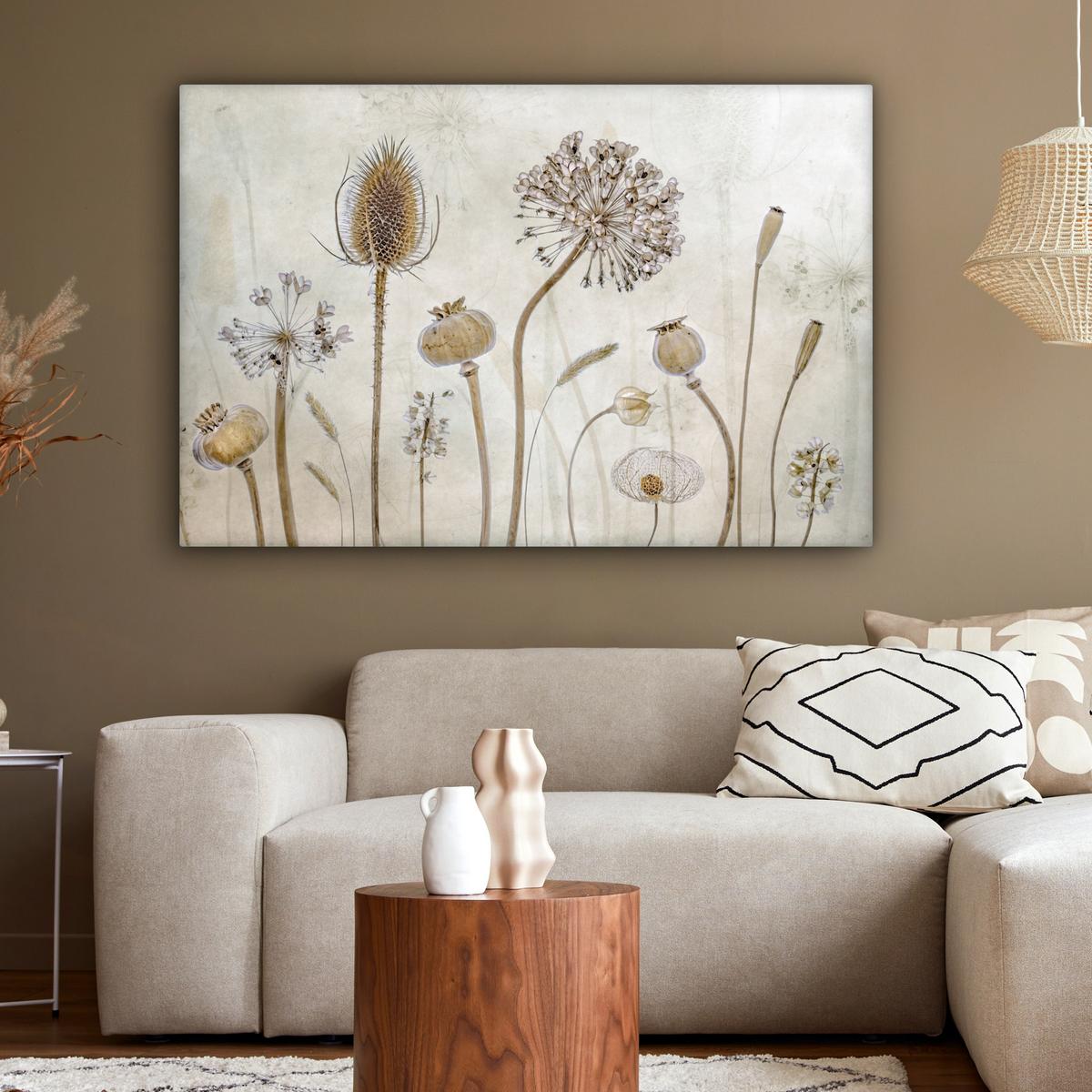 LEINWANDBILD Blumen - Aquarell - Stilleben - Braun - Vintage Groß 140x90 cm - Beige, Textil (140/90cm) - MuchoWow