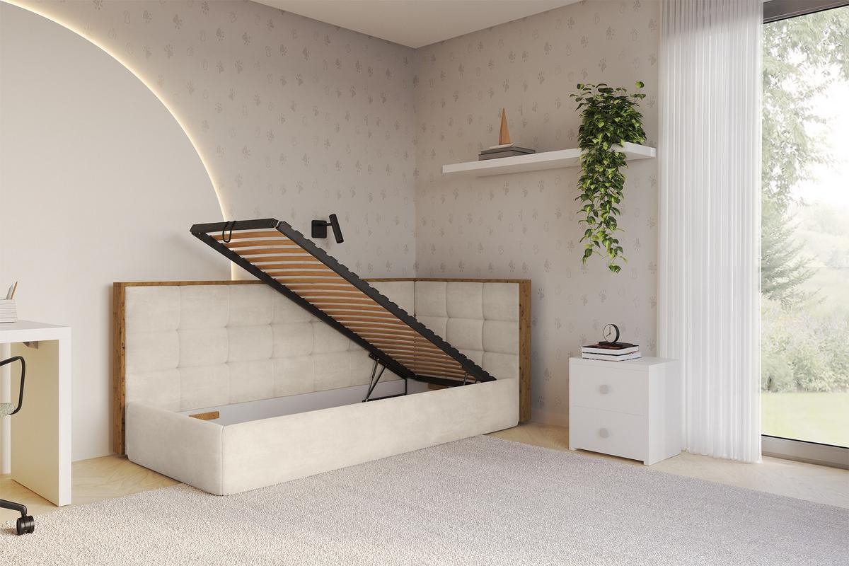 EINZELLBETT Jugendbett mit Bettkasten und Matratze H3/H4, Links - SOVY 80x200 Beige - Beige, Holzwerkstoff/Textil (80/200cm) - ALTDECOR