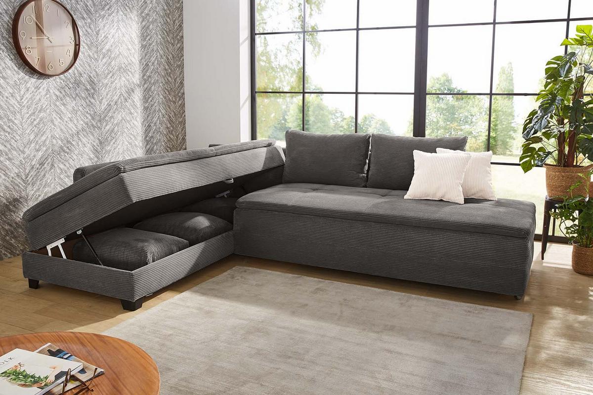 ECKSOFA-DAUERSCHLÄFER Doppelbett Boxspring Federkern Topper, seitenverkehrt montierbar B306/T223/H95 cm, Cord Dunkelgrau / 15163 - Dunkelgrau/Schwarz, Kunststoff/Textil (306/223cm) - luma-home