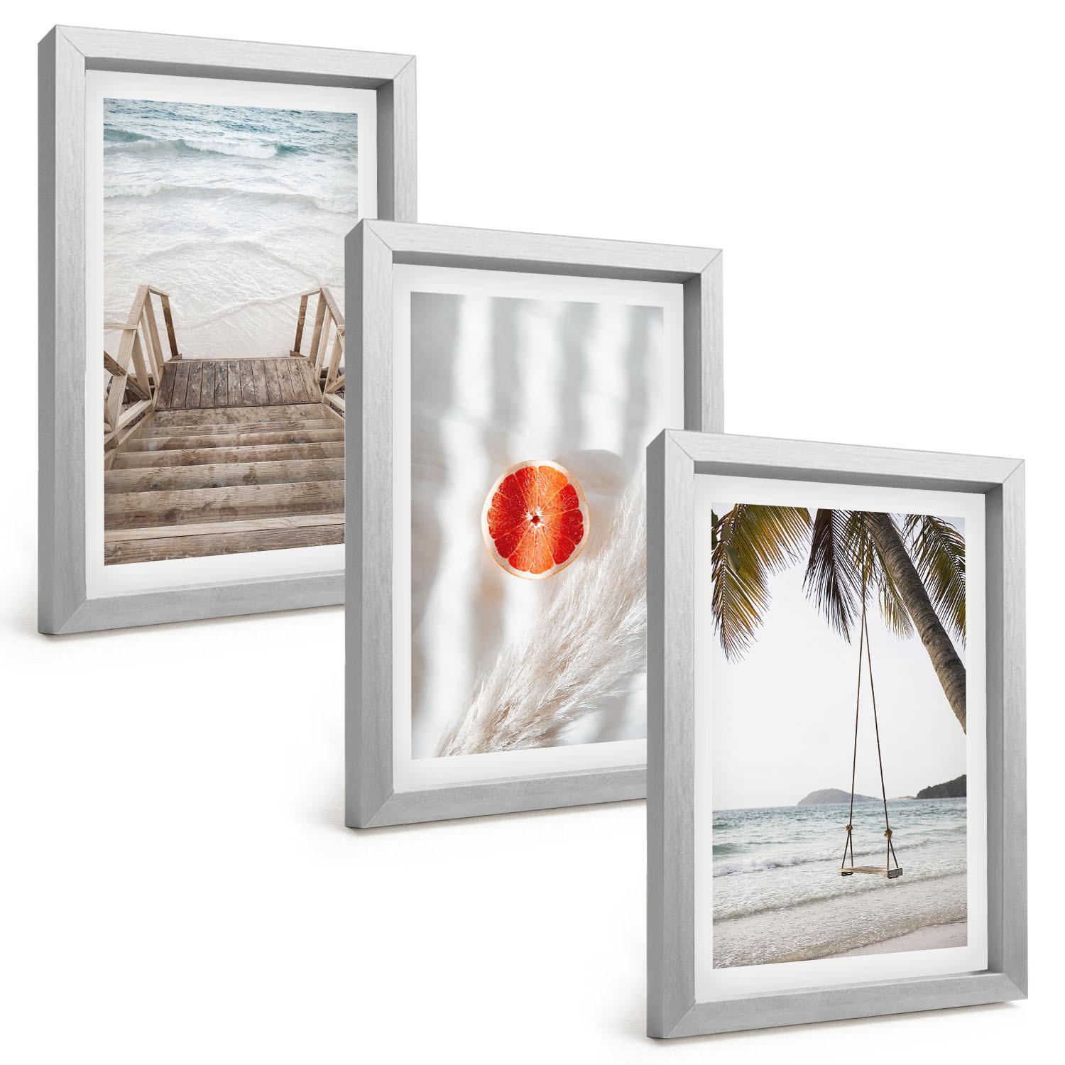 BILDER SET 3er Set - 20x30 cm Silberner Rahmen - Strandtreppe aus Holz, Urlaub - Silberfarben, Kunststoff (20/30cm) - TULUP