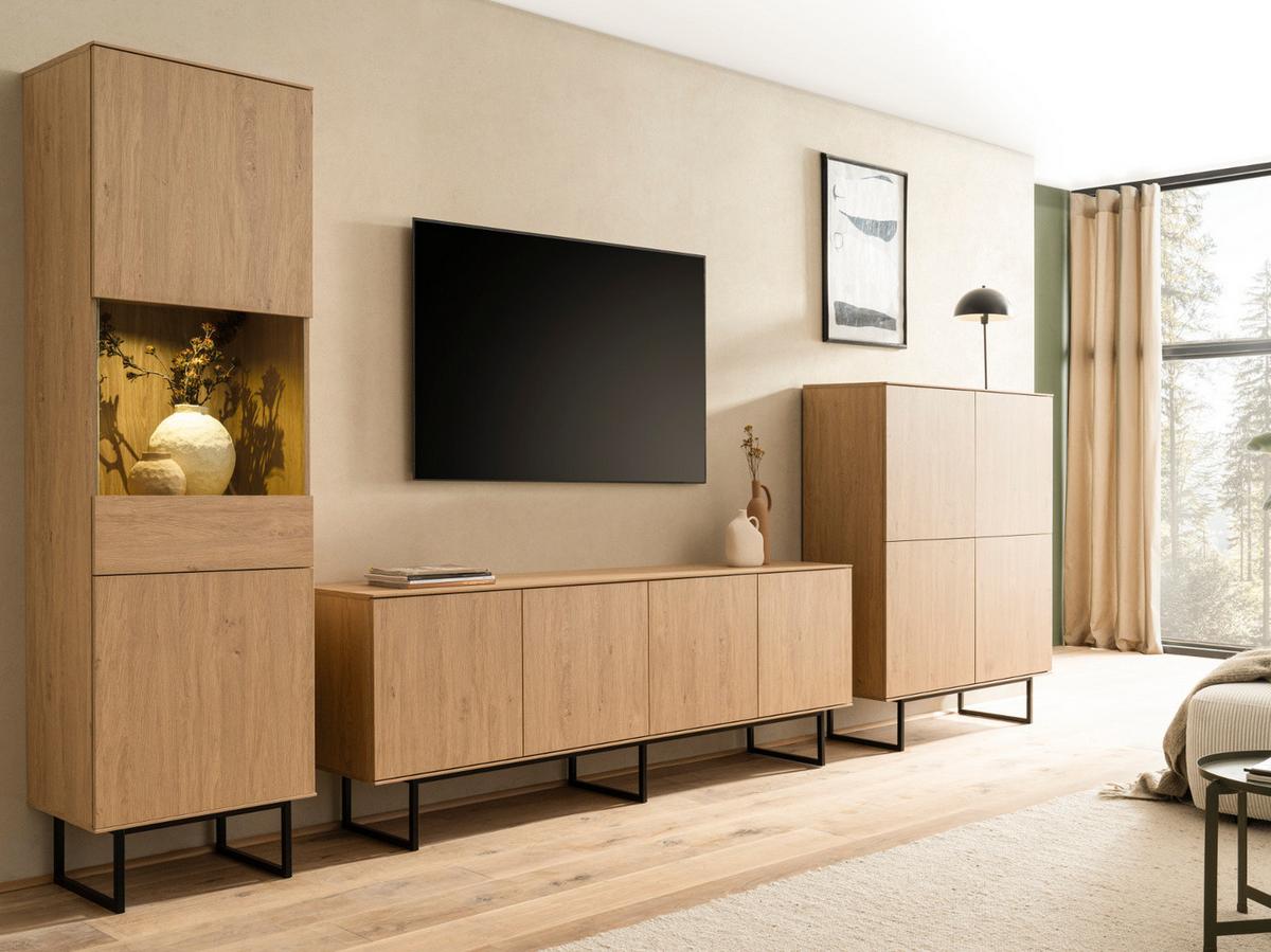 WOHNWAND Stone Eiche, Wohnzimmer Set mit TV Lowboard 200 cm und Vitrinenschrank, Push-Open-Funktion - Eichefarben/Schwarz, Holzwerkstoff/Metall (270/200/40cm) - Furn.Design
