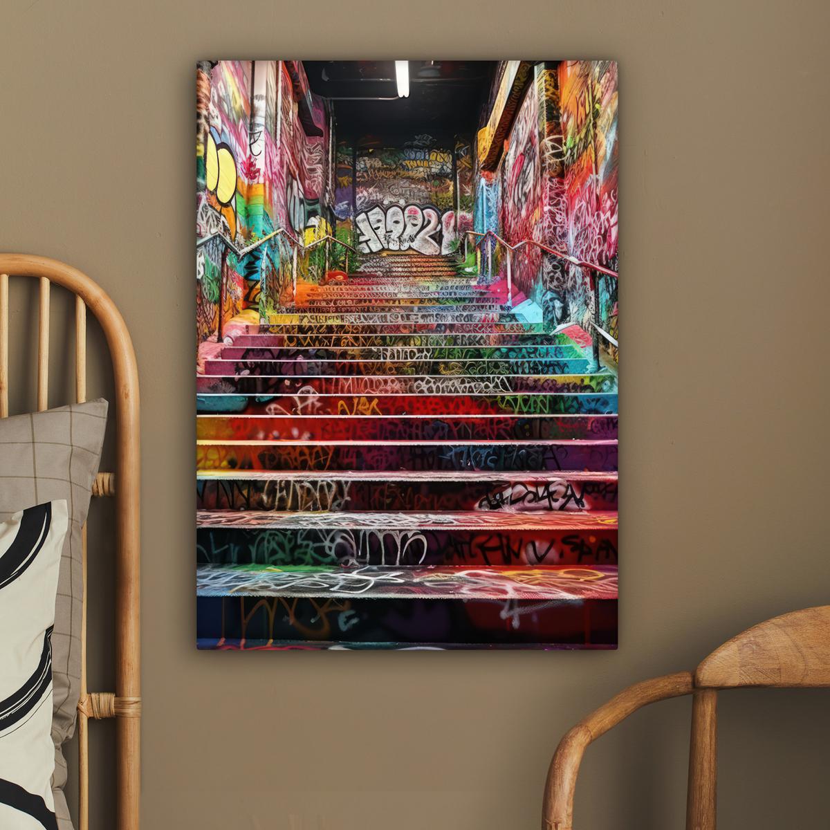 LEINWANDBILD Treppe - Graffiti - Farben - Kunst Wandbild Wohnzimmer 60x80 cm - Multicolor, Textil (60/80cm) - MuchoWow