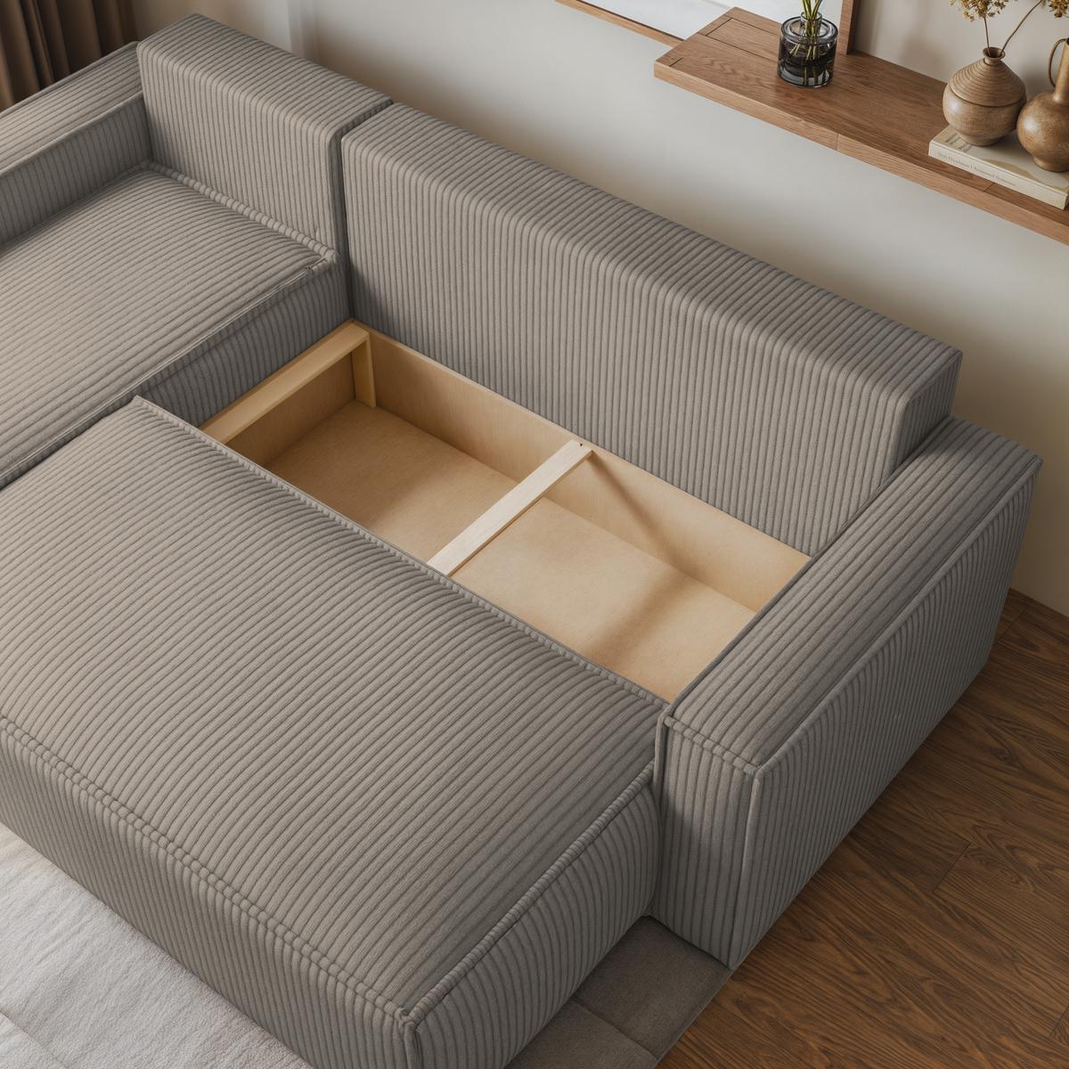 ECKSOFA RAVELO P Beige Kordstoff mit Schlaffunktion - Beige/Grau, Holz/Kunststoff (240/140cm) - MASSENO