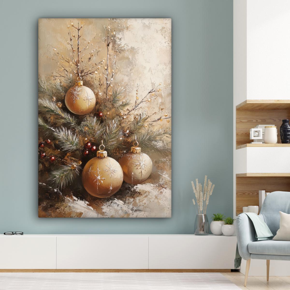 LEINWANDBILD Weihnachten - Kugeln - Beige - Gold Deko Groß 90x140 cm - Goldfarben, Textil (90/140cm) - MuchoWow