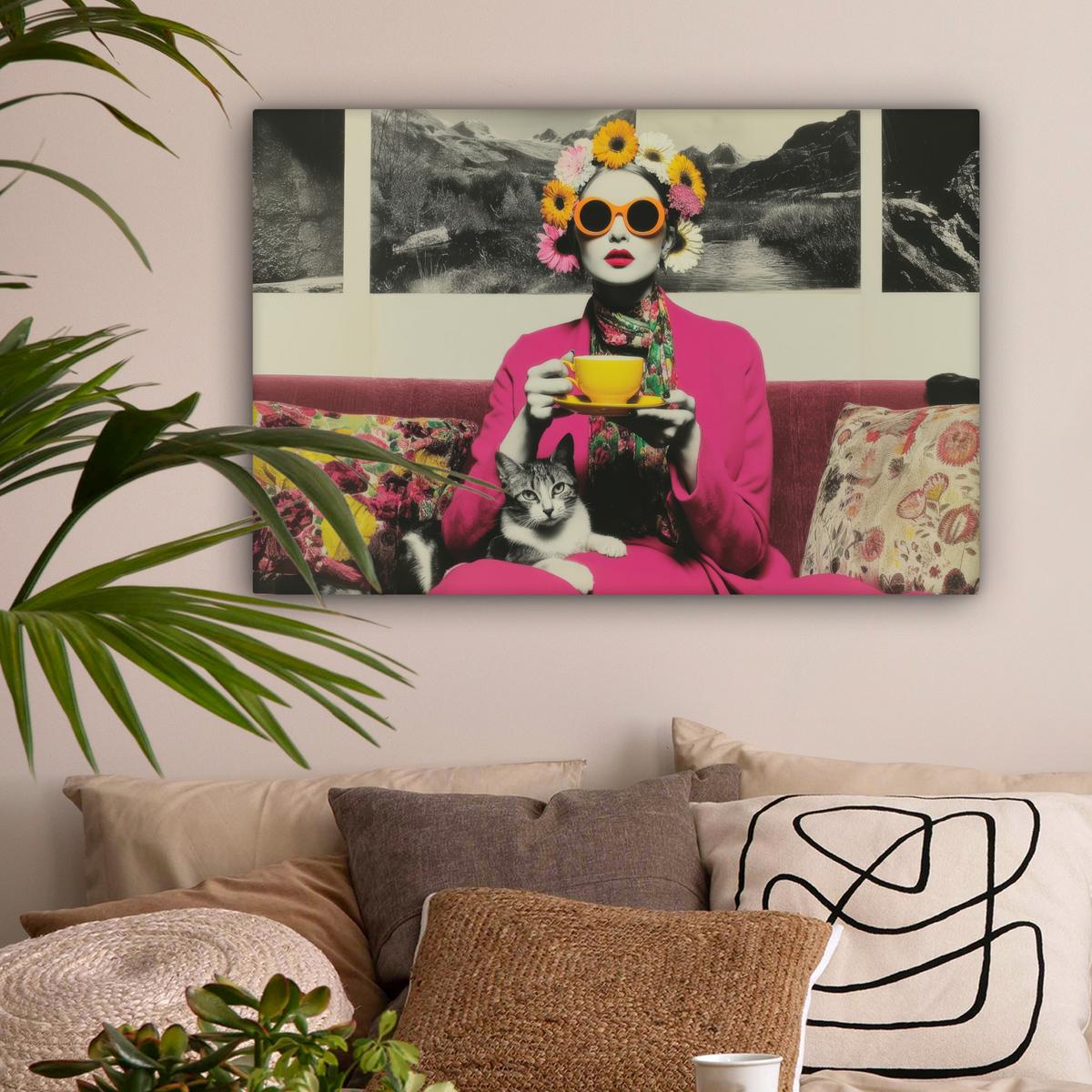 LEINWANDBILD Frau - Katze - Blumen - Tasse - Retro Gemälde 60x40 cm - Magenta, Textil (60/40cm) - MuchoWow
