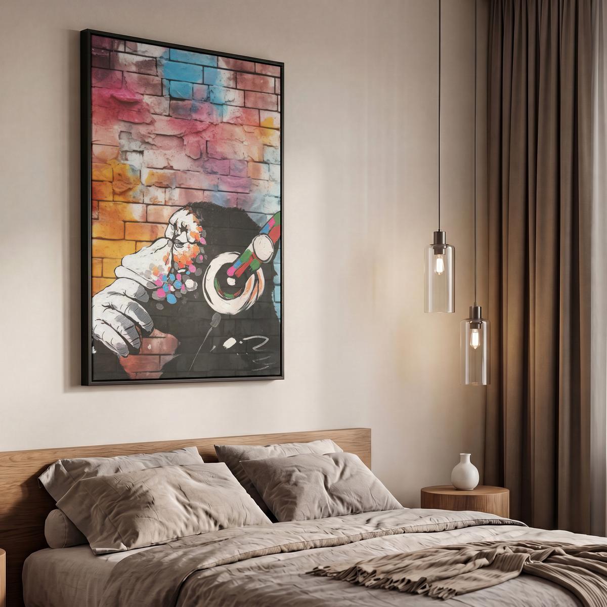 LEINWAND Bilder mit Rahmen - Affe - Graffiti - Musik - 60x90 - Multicolor, Textil (60/90cm) - MuchoWow
