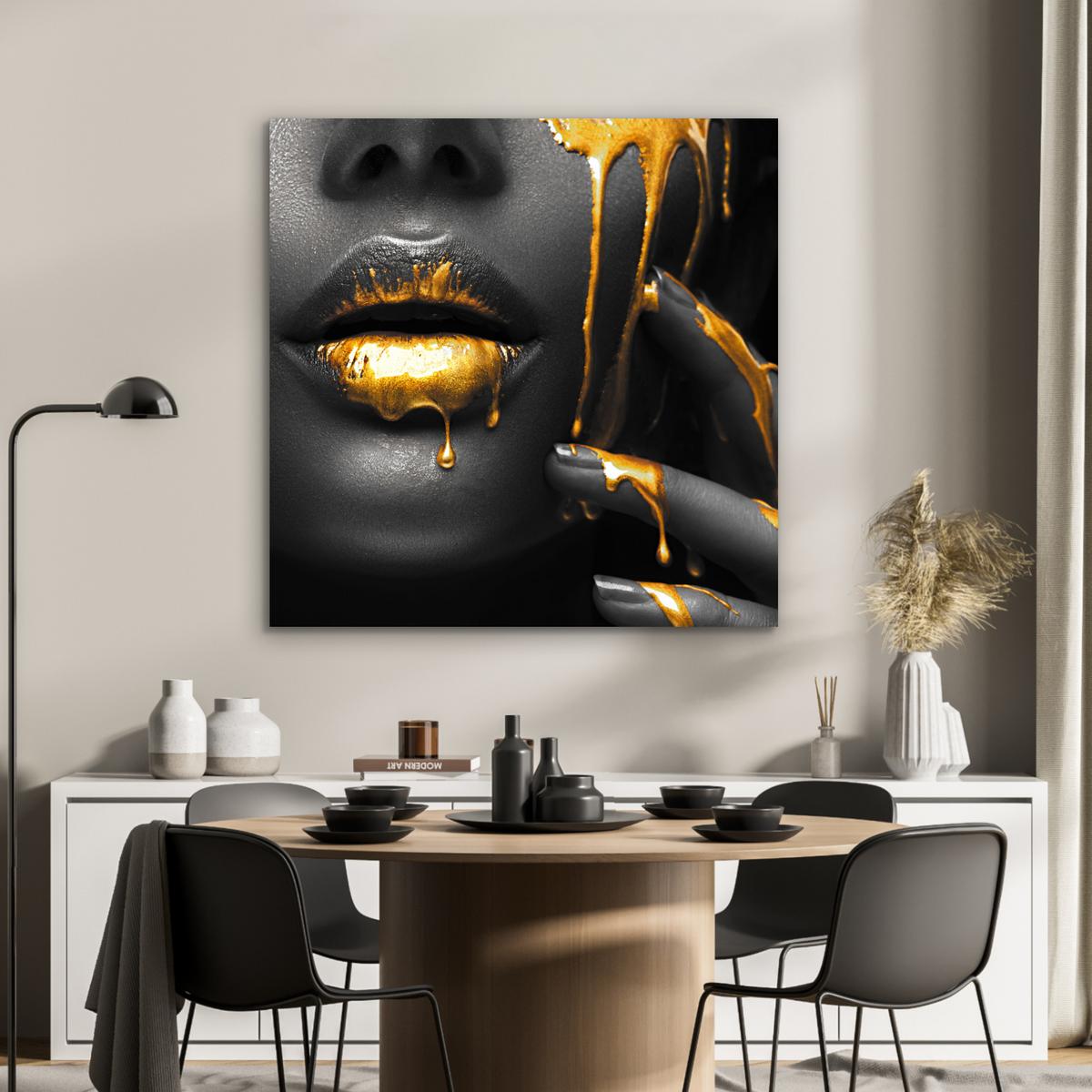 METALLBILD Frau - Schwarz - Gold - Gesicht - Lippen 90x90 cm - Goldfarben, Metall (90/90cm) - MuchoWow