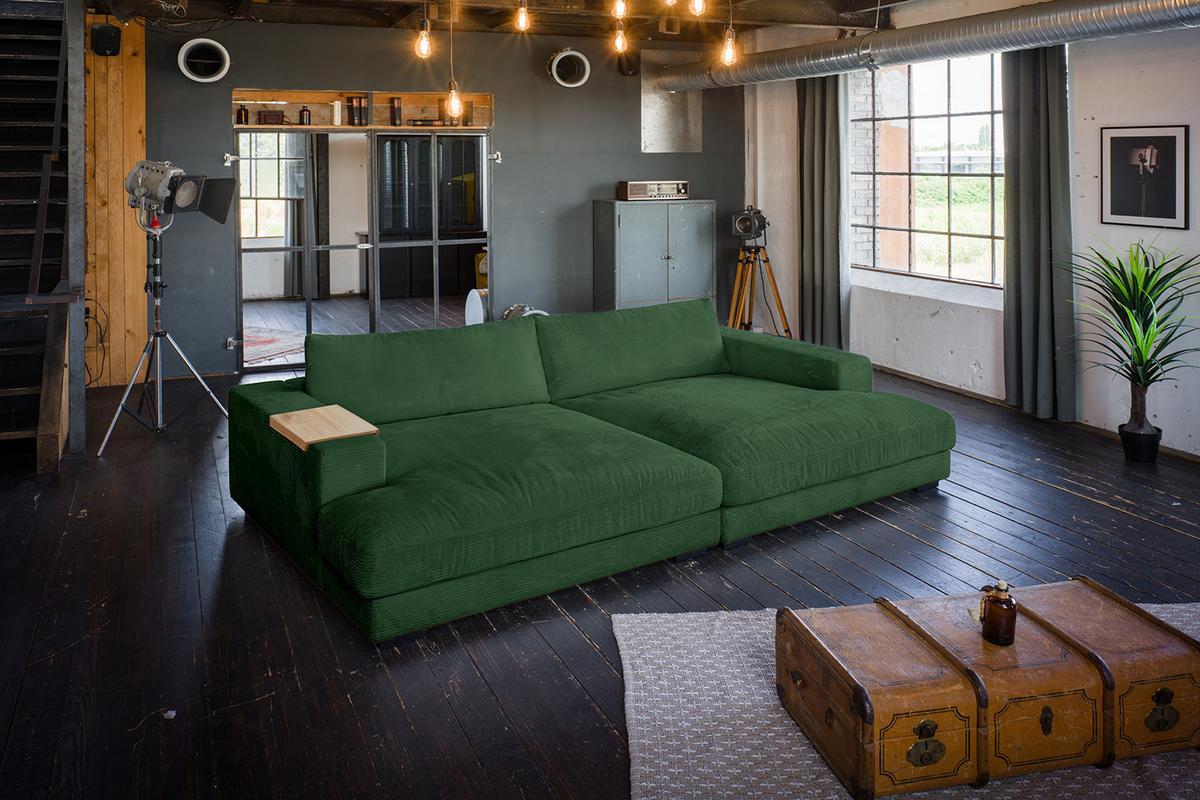 BIG SOFA XL MIT TABLETT MADELINE Smaragdgrün Cord - Smaragdgrün/Schwarz, Kunststoff/Textil (290/85/190cm) - KAWOLA