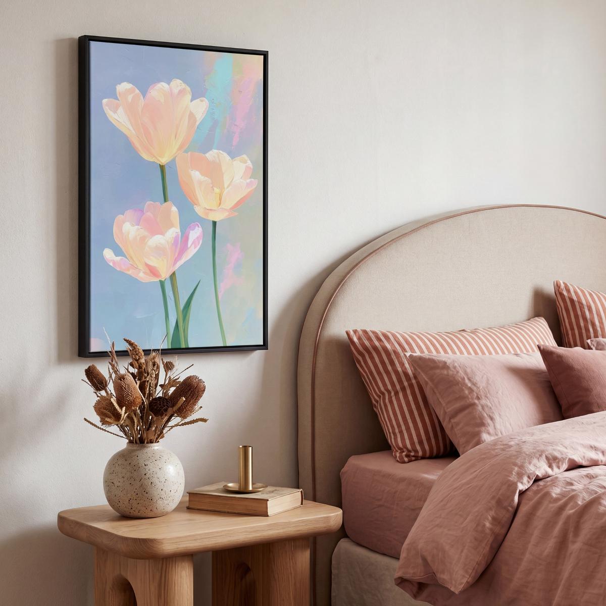 LEINWAND Bilder mit Rahmen - Tulpen - Rosa Akzente - Blau - 40x60 - Pastellblau, Textil (40/60cm) - MuchoWow
