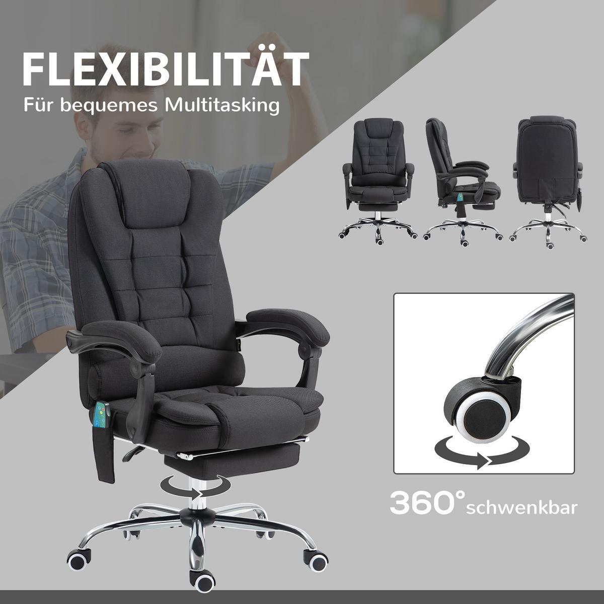 CHEFSESSEL mit Massagefunktion, Schreibtischstuhl mit Liege- & Wärmefunktion - Silberfarben/Schwarz, Kunststoff/Textil (70/119/65cm) - Vinsetto