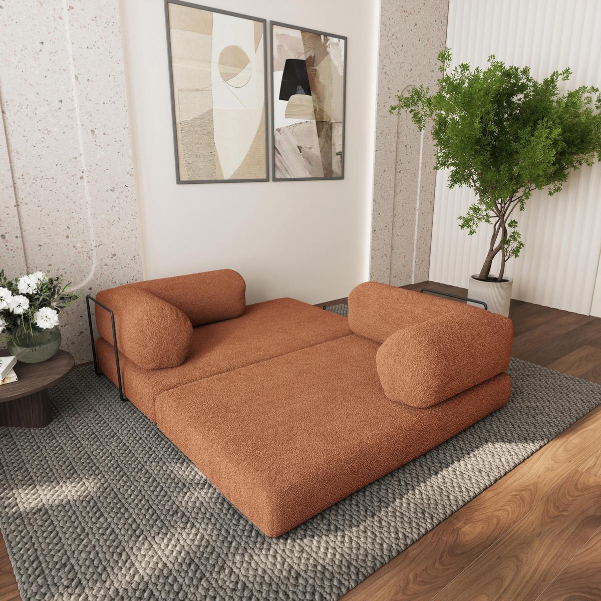 ECKSOFA KELI modulares Boneless Sofa mit Schlaffunktion Orange Boucle-Stoff - Orange, Textil (270/160cm) - MASSENO