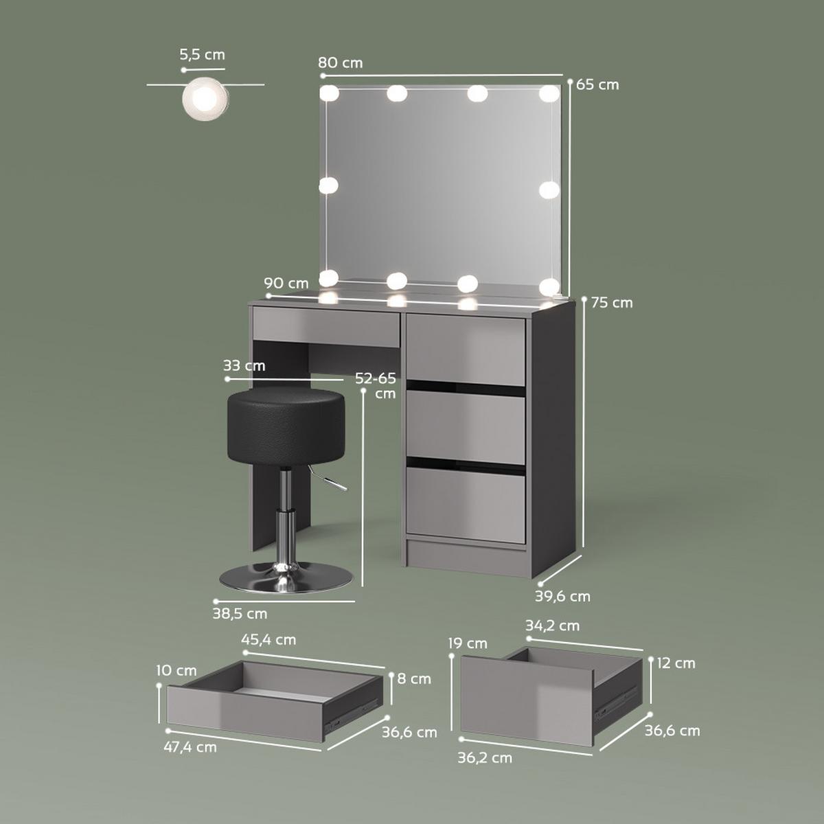SCHMINKTISCH Imola Grau mit LED Beleuchtung und Hocker - Grau, Holzwerkstoff (90/75/40cm) - Livinity®