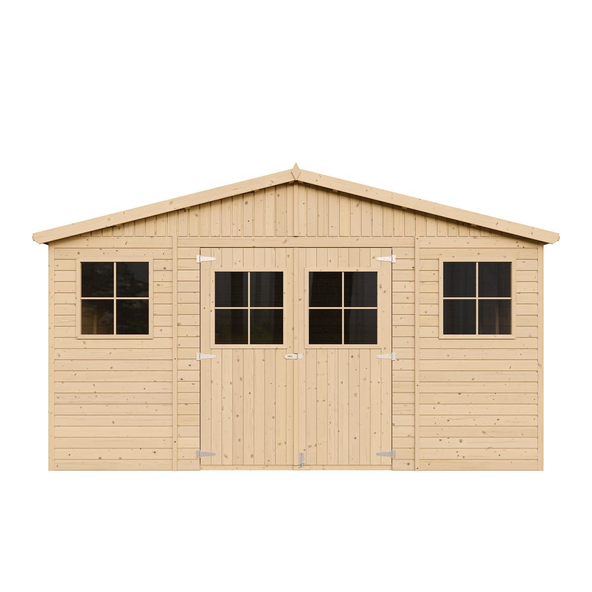 HOLZ-GARTENHAUS MIT IMPRÄGNIERTEM BODEN - H246 x 418 x 420 cm/ 16 m² - M330+330G - Beige, Holz (418/252/420cm) - Timbela