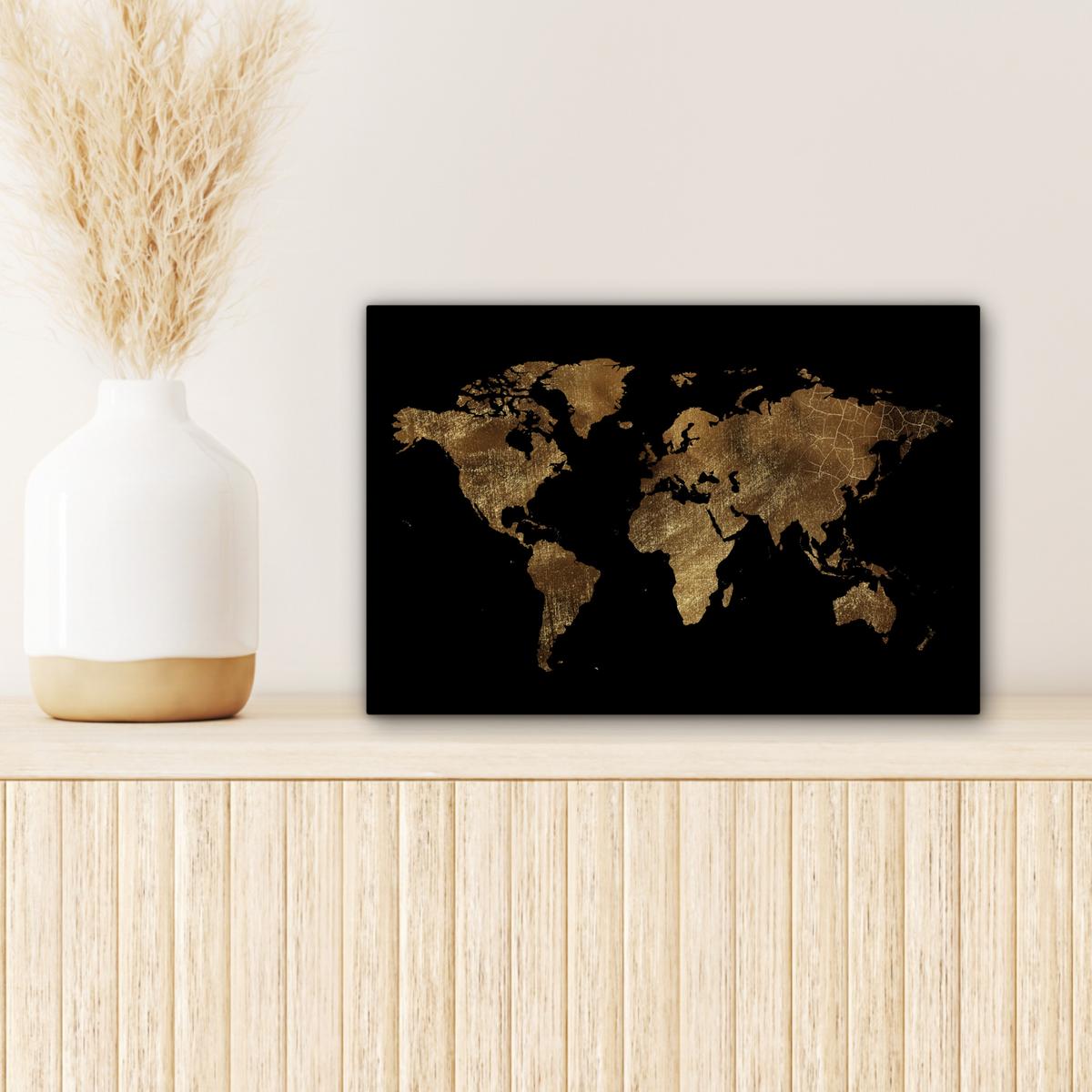 LEINWANDBILD Weltkarte - Gold - Luxus - Erde - Schwarz Deko Schlafzimmer 30x20 cm - Goldfarben, Textil (30/20cm) - MuchoWow