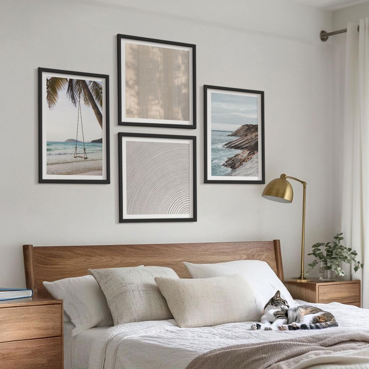 BILDER SET 4er Set - 50x50 cm & 40x60 cm Schwarzer Rahmen - Sommerlicher Sandstrand mit Meerblick - Schwarz, Kunststoff (50/50cm) - TULUP