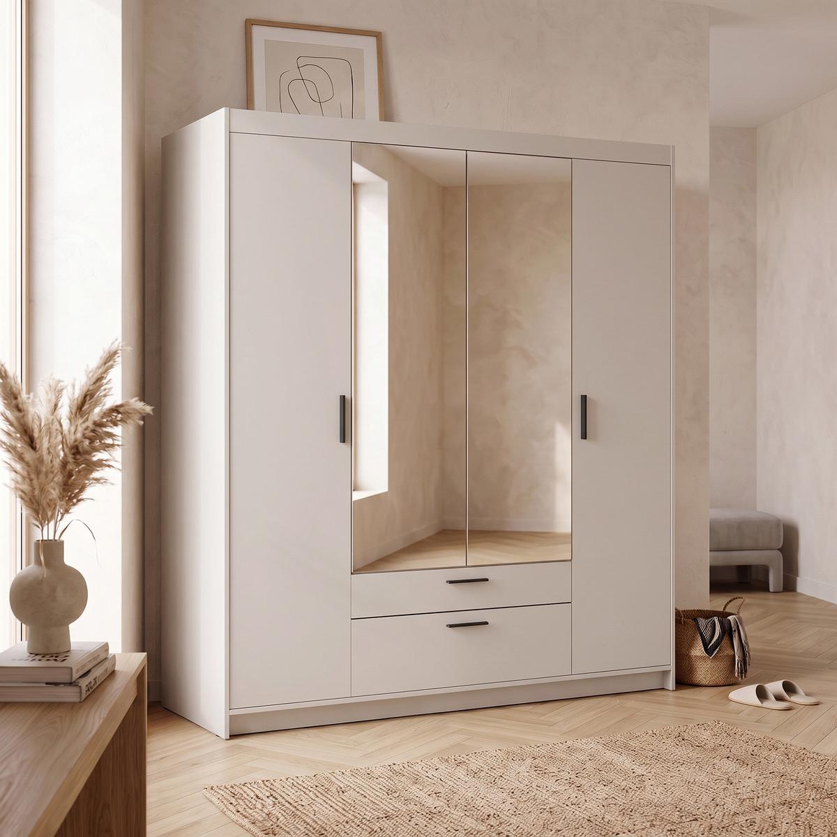 DREHTÜRENSCHRANK Elena mit 4 Türen, 2 Schubladen und Spiegel, 176 cm, Sandbeige - Sandfarben, Holzwerkstoff (176/190/53cm) - Beautysofa