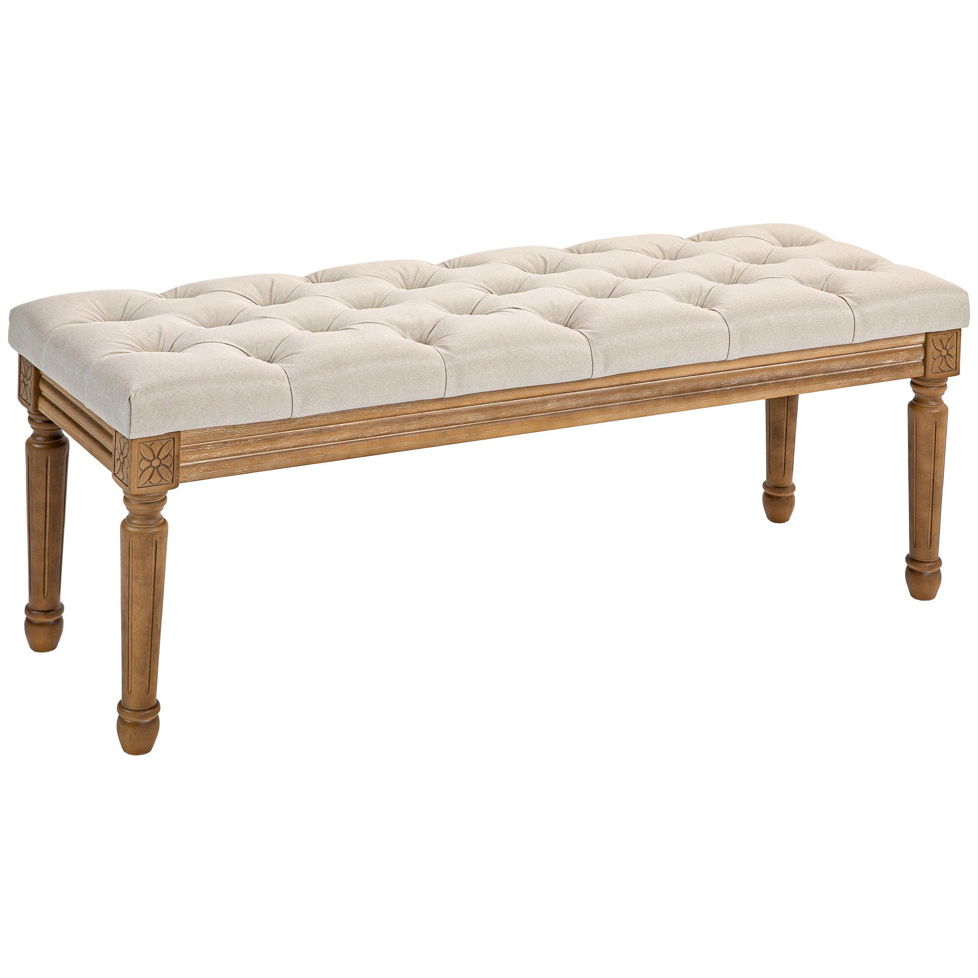 SITZBANK, Polsterbank mit Leinenoptik, Holzbeine für Schlafzimmer, Creme - Eukalyptusholzfarben/Creme, Holz/Kunststoff (41/48/120cm) - HOMCOM