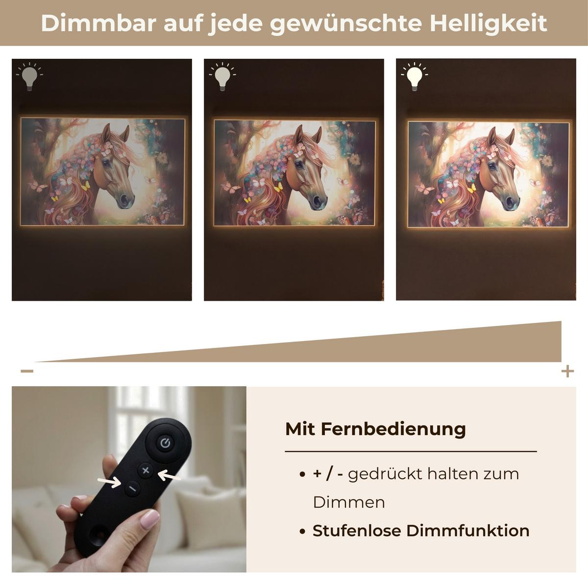 WANDLEUCHTE MIT AKKU Pferd - Natur - Blumen - Schmetterlinge - Wald 90x60 cm - Dunkelbraun, Holzwerkstoff (90/60/8cm) - OnlyWow
