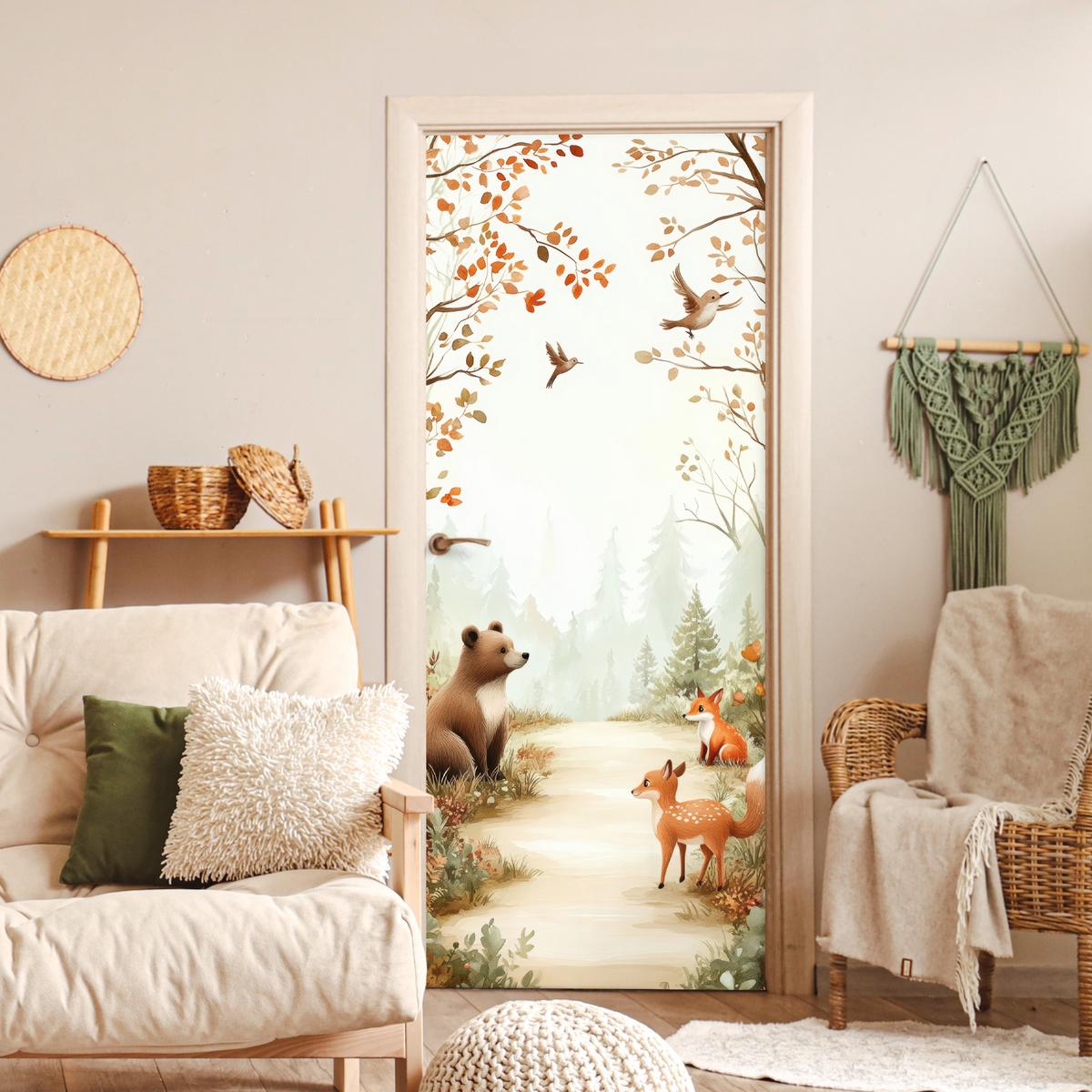 TÜRAUFKLEBER Wald - Herbst - Waldtiere - Bär - Fuchs Room Decor 85x205 cm - Türtapete - Kastanienfarben, Kunststoff (85/0.1cm) - MuchoWow