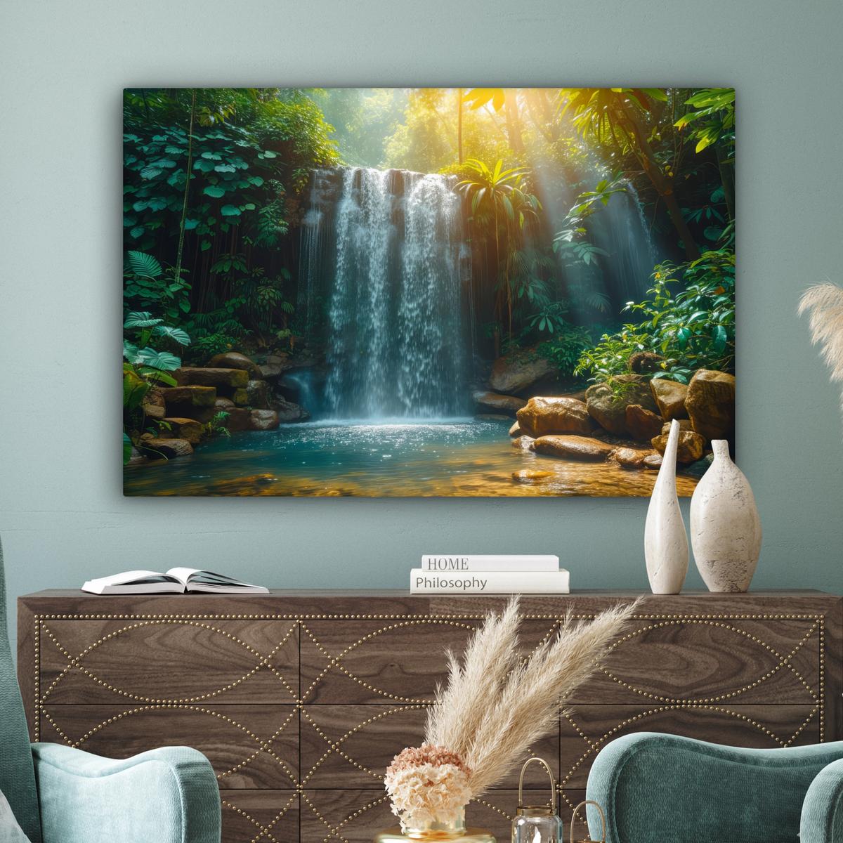 LEINWANDBILD Wasserfall - Dschungel - Sonne - Grün - Natur Groß 140x90 cm - Grün, Textil (140/90cm) - MuchoWow