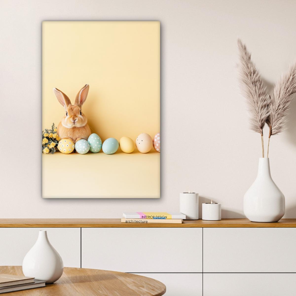 LEINWANDBILD Eier - Kaninchen - Pastellfarbtöne Wanddeko 40x60 cm - Hellgelb, Textil (40/60cm) - MuchoWow