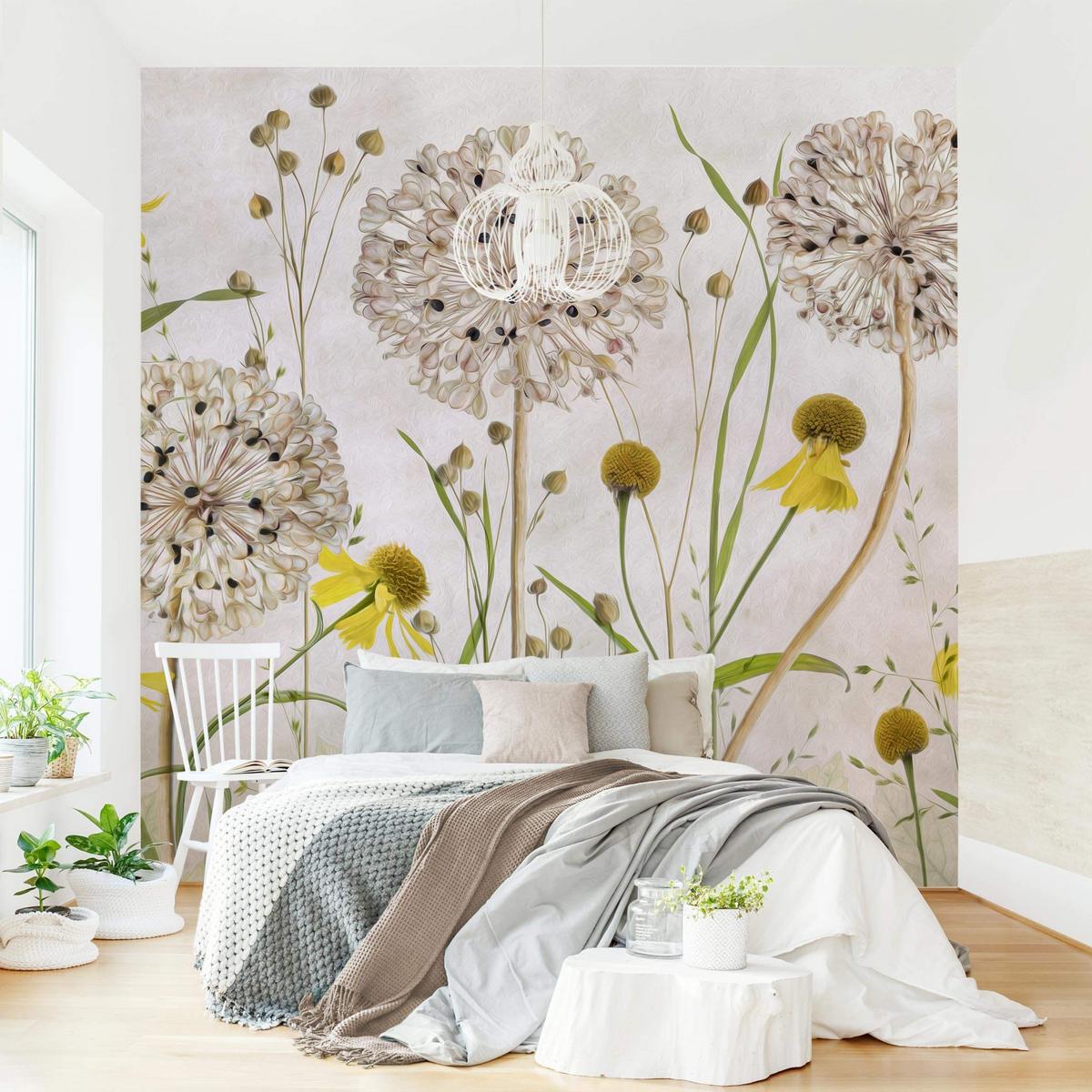 FOTOTAPETE Allium und Helenium Illustration 192/192 cm - Eichefarben, Papier (192/192cm) - Bilderwelten