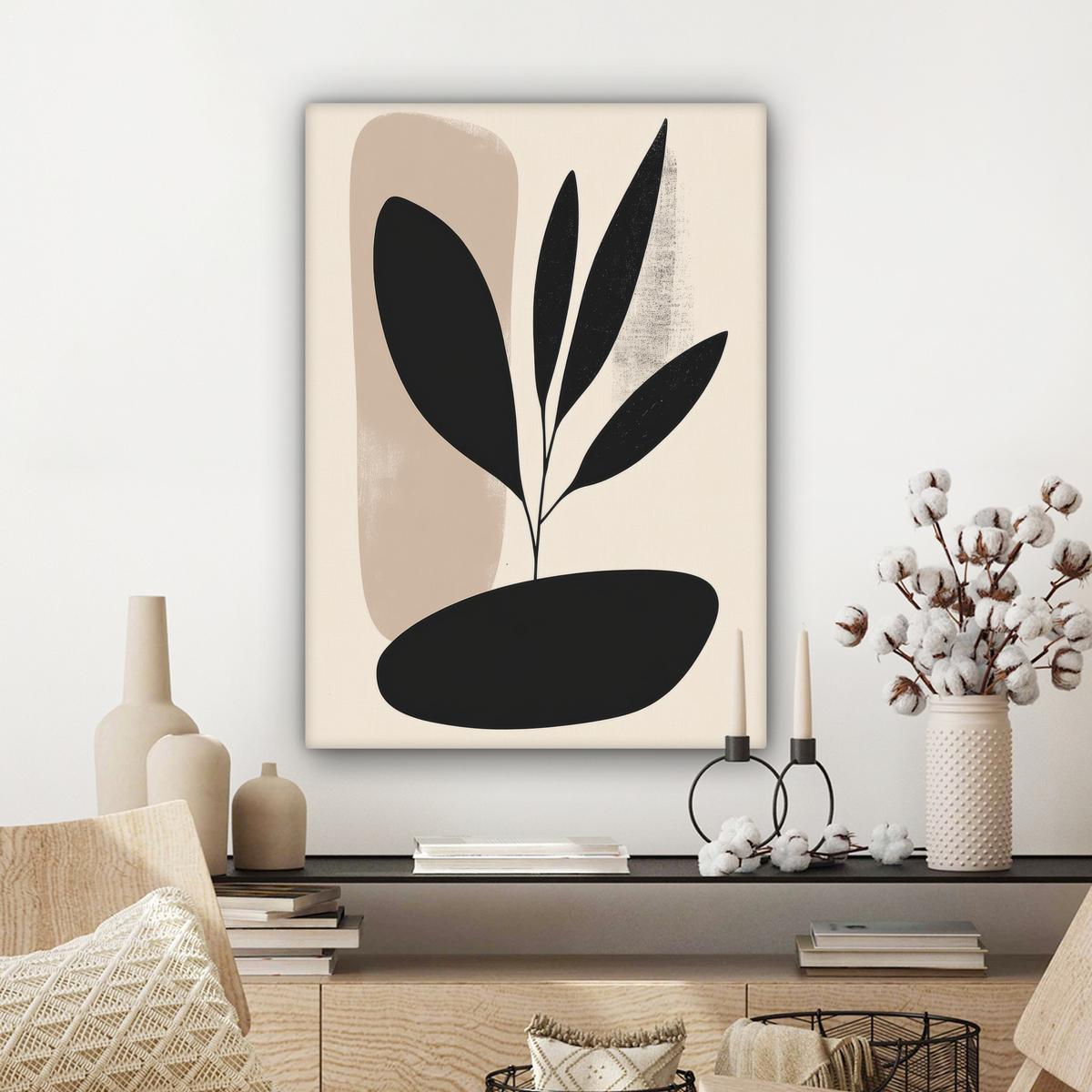 LEINWANDBILD Pflanze - Beige - Japanisch Wandbild Wohnzimmer 60x80 cm - Schwarz, Textil (60/80cm) - MuchoWow