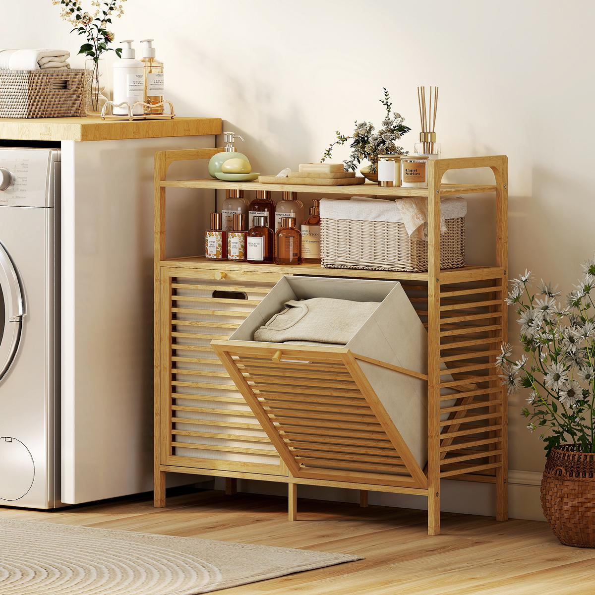 WÄSCHEKORB Bambus Polyester Naturholz - Naturfarben, Holz/Textil (33/88/82cm) - HOMCOM