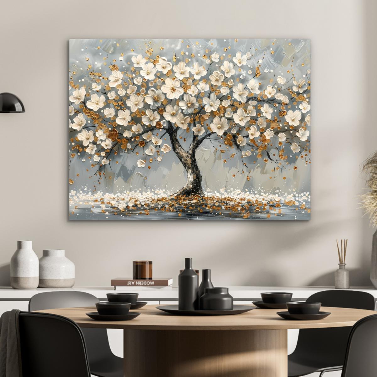 METALLBILD Baum - Blumen - Weiß - Natur - Kunst 80x60 cm - Weiß, Metall (80/60cm) - MuchoWow