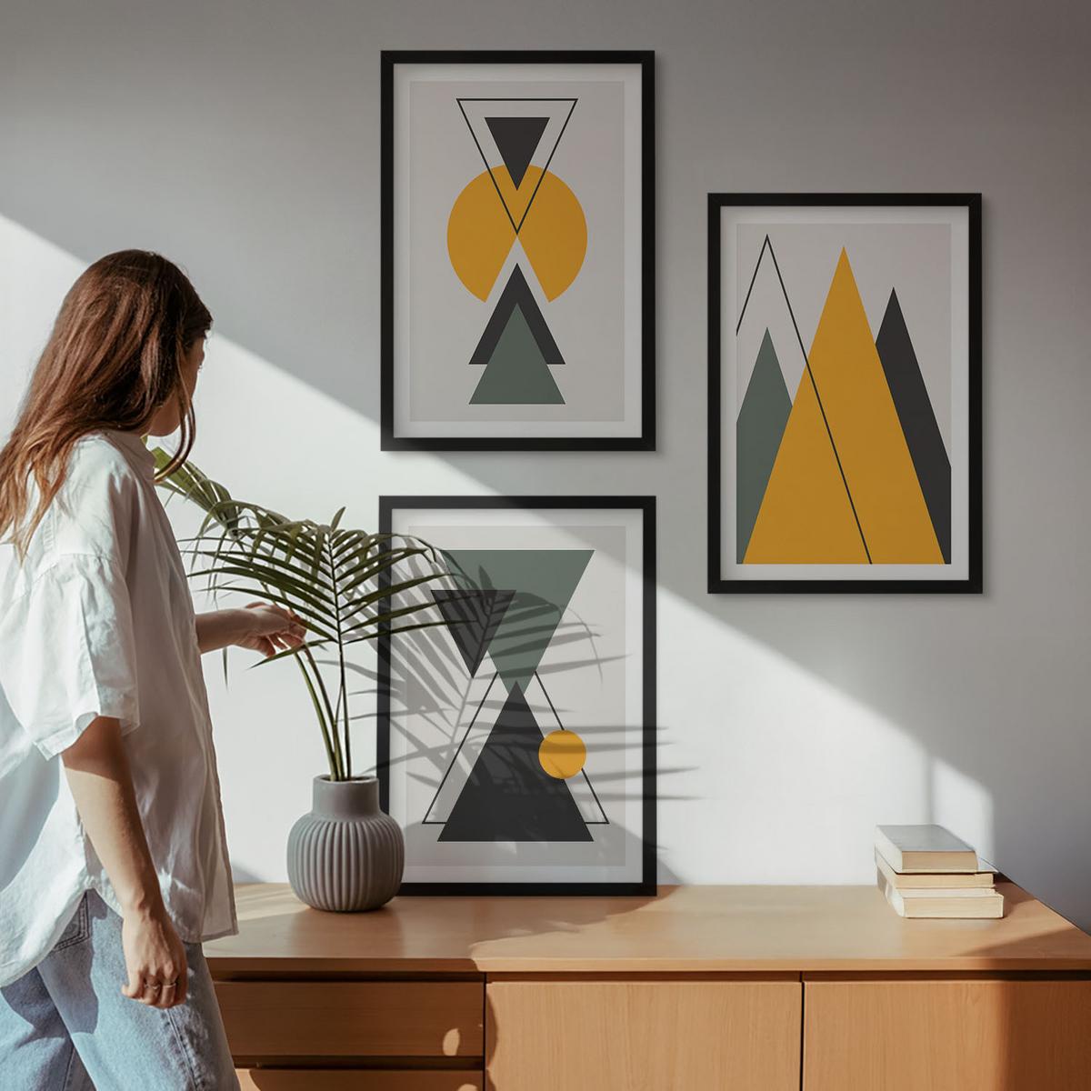 BILDER SET 3er Set - 40x60 cm Schwarzer Rahmen - Abstrakte geometrische Formen - Schwarz, Kunststoff (40/60cm) - TULUP