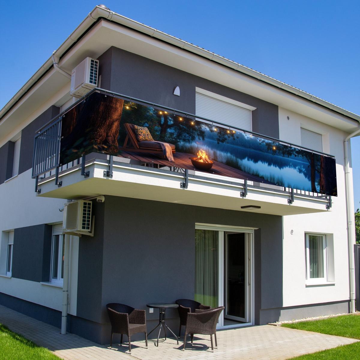 BALKON-SICHTSCHUTZ Lagerfeuer - See - Abendlicht Groß 500x85 cm - Dunkelblau, Kunststoff (500/85cm) - MuchoWow