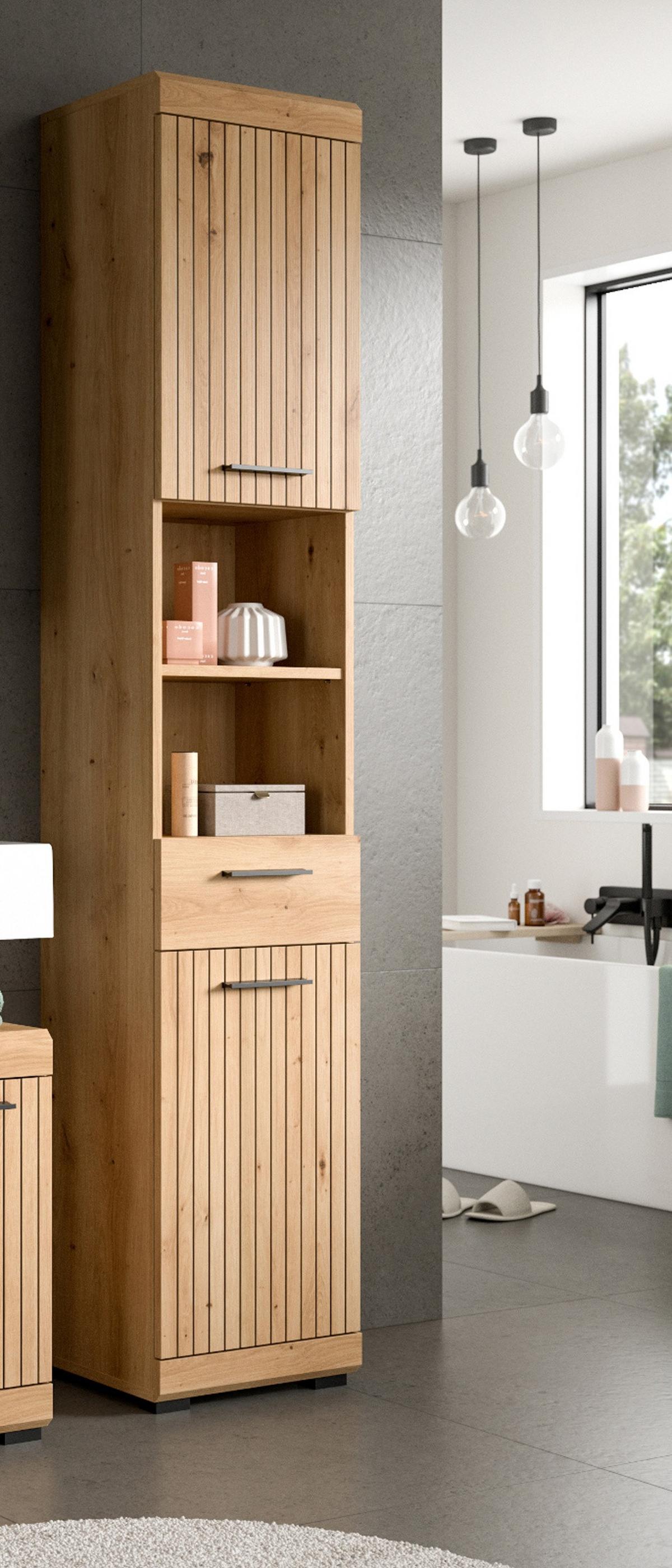 HOCHSCHRANK Eiche Artisan 37 x 191 cm, Badschrank in modernem Design - Schwarz/Eiche Artisan, Holzwerkstoff/Kunststoff (37/191/31cm) - Inn.Furn