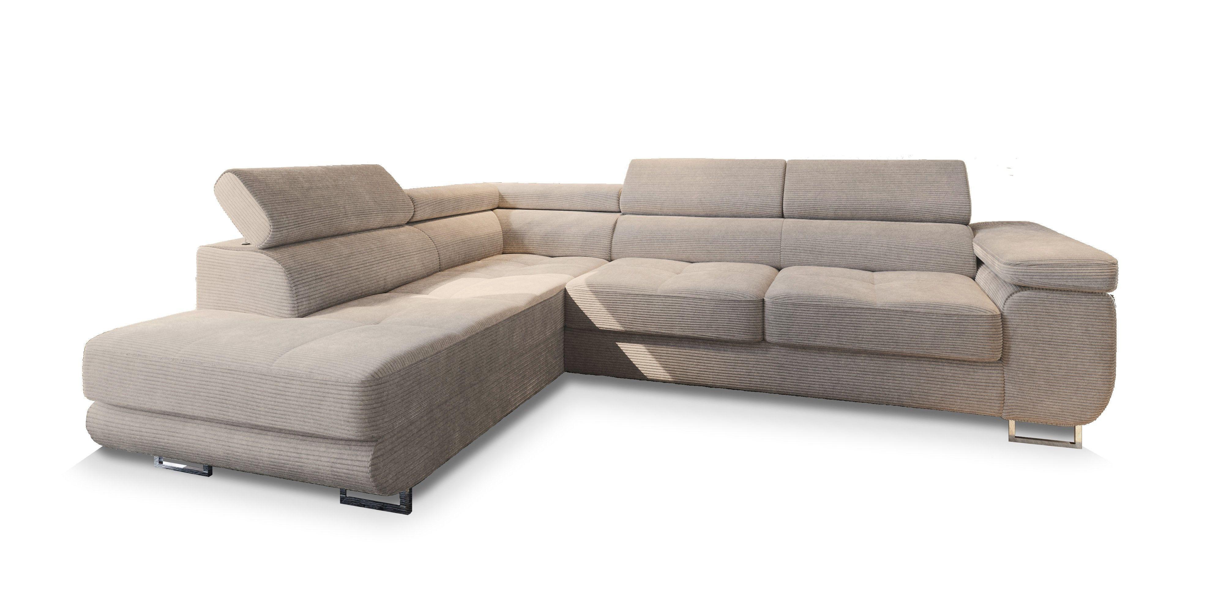 ECKSOFA APIRO L-S Beige Kordstoff mit Schlaffunktion - Beige/Silberfarben, Holz/Textil (276/202cm) - MASSENO